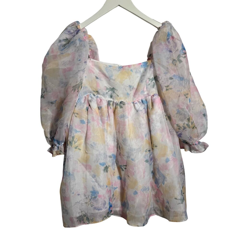 For Love Bell‎ Silky Puff Sleeve Mini Dress Women M Pastel Floral Fairy Cottage